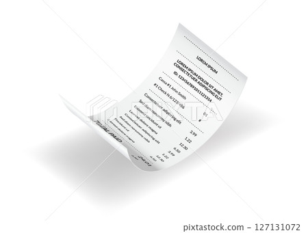 Payment check or receipts with shadow. Curved financial paper, purchase invoice. Buying, bill or calculate pay. Receipt the seller form Payment check or receipts with shadow. Curved financial paper, purchase invoice. Buying, bill or calculate pay. Receipt the seller form 127131072