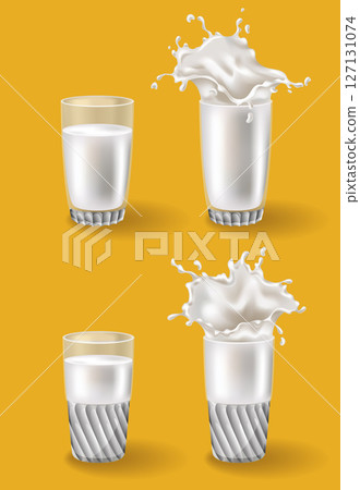 Realistic milk splash in a glass vector illustration. Milk poured into glass on a yellow background 127131074