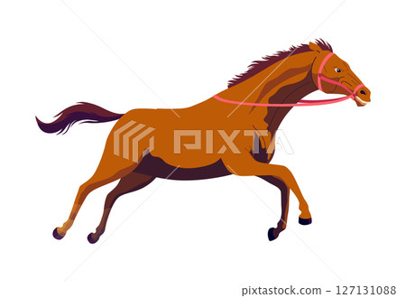 A detailed vector drawing depicting a brown horse adorned with a bridle A detailed vector drawing depicting a brown horse adorned with a bridle 127131088