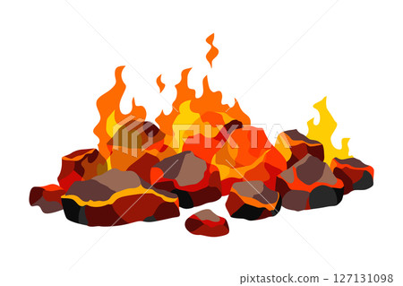 Burning coal. Realistic bright flame fire on coals heap. Closeup vector illustration for grill blaze fireplace, hot carbon or glowing charcoal image Burning coal. Realistic bright flame fire on coals heap. Closeup vector illustration for grill blaze fireplace, hot carbon or glowing charcoal image 127131098