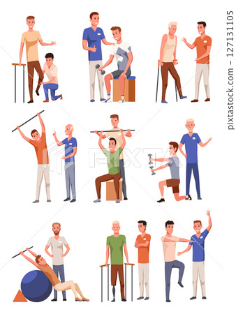 Therapists helping patients during physio therapy and rehabilitation set. Physiotherapy treatment for people with physical disabilities. Flat graphic vector illustration isolated on white background 127131105