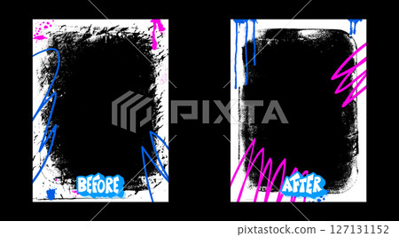 Before and after punk template. Graffiti frames for photo comparison. Competition layout borders with grunge vibrant paint decoration. Empty vs challenge concept. Vector background illustration Before and after punk template. Graffiti frames for photo comparison. Competition layout borders with grunge vibrant paint decoration. Empty vs challenge concept. Vector background illustration 127131152