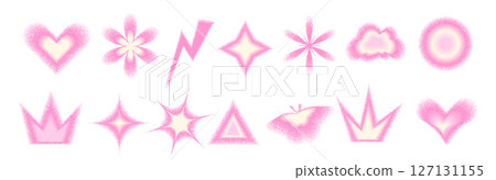 Blur pink pastel grainy gradient shapes set. Y2k retro heart, star and circle, flower. Gradation butterfly, crown icons on white background. Trendy effect with gritty texture. Vector illustration 127131155