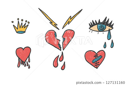 Broken hearts girly crayon drawn set. Breakup marker doodles isolated on white background. Love naive hand drawn painting elements. Vector heartbreak by pencil illustration Broken hearts girly crayon drawn set. Breakup marker doodles isolated on white background. Love naive hand drawn painting elements. Vector heartbreak by pencil illustration 127131160