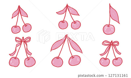 Cherry crayon drawn set. Coquette red and pink stroke berries with bows and leaves doodle isolated on white background. Fruits grunge textured elements. Vector kid naive illustration by pencil 127131161