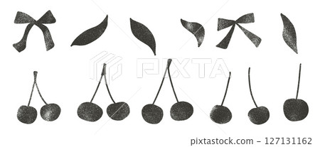 Cherry charcoal drawn silhouette set. Coquette linocut berries with ribbons and leaves doodle isolated on white background. Fruits grunge textured elements. Vector naive illustration by pencil or ink 127131162