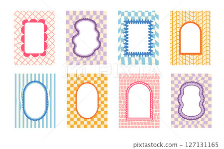 Retro funky arch and geometric frames with groovy checkerboard background. Set of fun vintage colors borders with scallop edges. Text boxes oval, rectangle templates. Vector illustration Retro funky arch and geometric frames with groovy checkerboard background. Set of fun vintage colors borders with scallop edges. Text boxes oval, rectangle templates. Vector illustration 127131165
