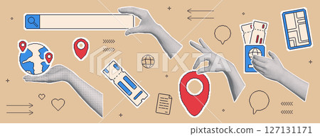Travel collage with halftone hand with pixel art tourism elements. Human arms palm holding location map pin, globe, tickets. Vector journey collection illustration isolated 127131171