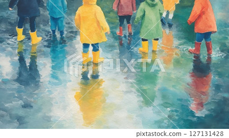 雨天在水坑裡玩耍的孩子的水彩插圖 - 彩色雨衣和靴子_1 127131428