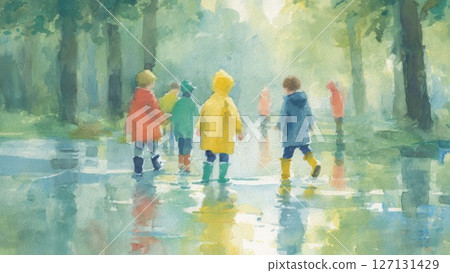 Watercolor illustration of kids playing in a puddle on a rainy day - colorful raincoats and boots_2 Watercolor illustration of kids playing in a puddle on a rainy day - colorful raincoats and boots_2 127131429