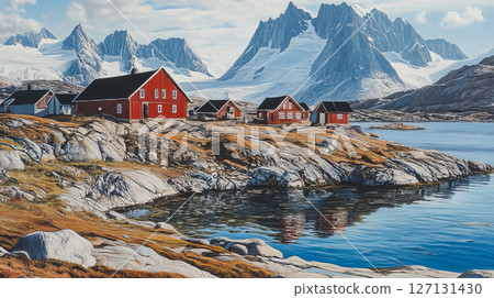 Northern landscape with snow capped mountains and small red houses 127131430