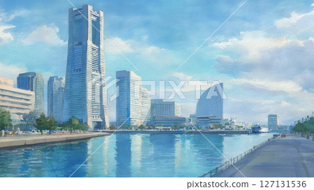 橫濱港未來水彩插圖 - 地標塔和海景_1 127131536