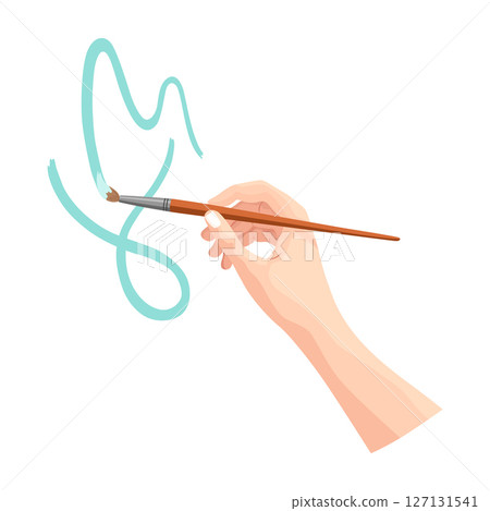 Hand holding paintbrush. Brush painting on white. Art drawing hand of an artist in cartoon style. Vector flat illustration isolated on white background 127131541