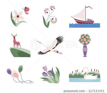 Postage stamp, icon set. Hand drawn design, concept of travel. Retro postcard stickers, flat color vector illustration isolated on background 127131551