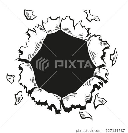 Comic book hole in coloring style. Vector paper is torn through boom explosion. Circle hole in the middle on color background. Comic style cover template or flyer wallpapers 127131587