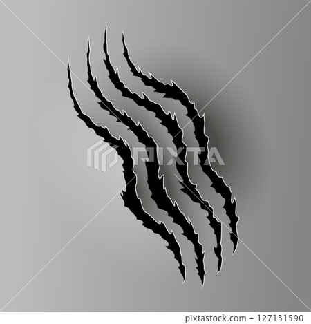 Bear or tiger claw mark. Scratches and torn traces of vector animal paw slashes. Hole in sheet of paper with torn edges. Vector illustration Bear or tiger claw mark. Scratches and torn traces of vector animal paw slashes. Hole in sheet of paper with torn edges. Vector illustration 127131590