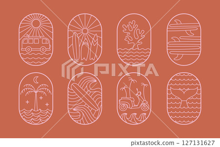 Minimalistic surfing, vacation emblem in thin line style pink badges. Cute tropical resort, surf camp, travel vibe vector illustration. 127131627