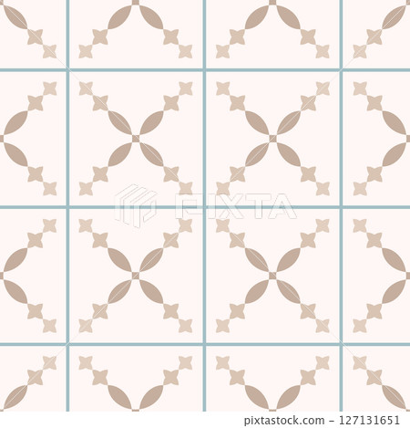 Abstract geometric floral motif tile seamless pattern. Portuguese and Spain ceramic decor. Minimalist boho brown textile, wall background. Abstract geometric floral motif tile seamless pattern. Portuguese and Spain ceramic decor. Minimalist boho brown textile, wall background. 127131651