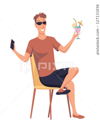 Man Freelancer in Summer on Beach with cocktail and phone. Businessman Sitting at Coast and Working. Summer Holiday Relax. Vector Illustration 127131656