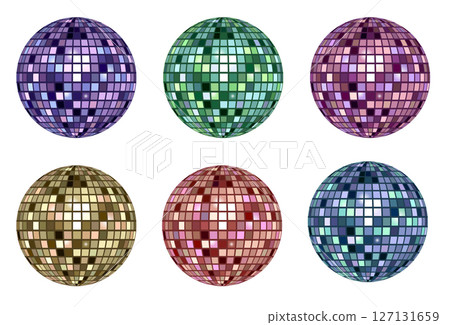 Shiny disco ball halftone photocopy stipple effect collage element with sparkling reflections isolated on white background for party and celebration theme 127131659