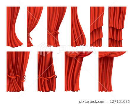 Red curtains realistic collection. Theater fabric silk decoration for movie cinema or opera hall. Curtains and draperies interior decoration object. Isolated on white for theater stage. 127131685