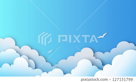 Paper craft style blue sky and clouds background material 127131799