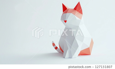 Paper craft-style cat sitting with tail showing | Stylish 3D art piece 127131807
