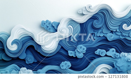 Abstract background of blue waves and clouds in paper craft style 127131808