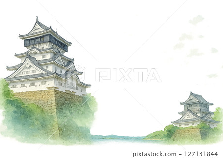 A Japanese-style frame of history and nature with Kokura Castle and the blue summer sky in harmony (center margin, transparent PNG) 127131844