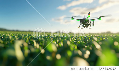 Advanced agricultural drone in action over extensive green farm field under clear blue sky, capturing cutting-edge farming technology. Robotics and automation 127132052