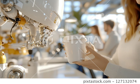 Female with robotic arm receiving coffee in futuristic cafe featuring soft lighting and modern design elements. Robotics and automation Female with robotic arm receiving coffee in futuristic cafe featuring soft lighting and modern design elements. Robotics and automation 127132074
