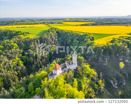 Kokorin Castle stands majestically amidst lush greenery during a sunny evening in Czechia. 127132093