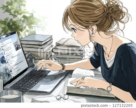 Illustration material of a female college student studying with an AI tutor Illustration material of a female college student studying with an AI tutor 127132205