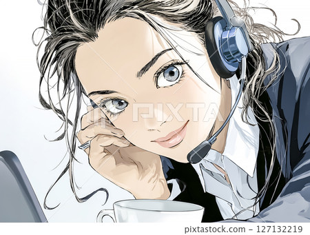 Illustration material of a woman working in an office wearing a headset 127132219