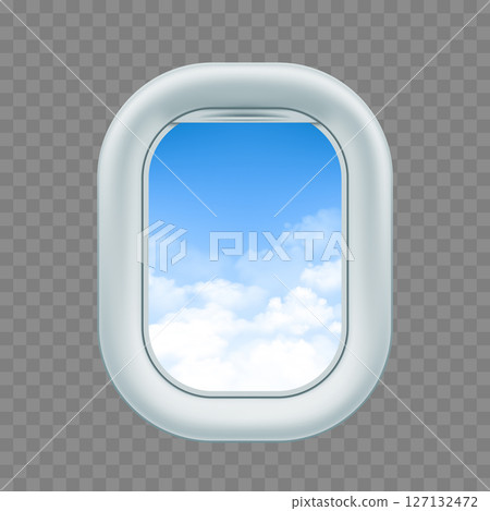 Aircraft window or porthole. Sky with clouds 127132472