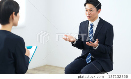 A group of male and female business people having an interview 127132866