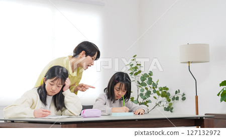 兩個女孩在學習，一個女人嚴厲地指導她們 127132972