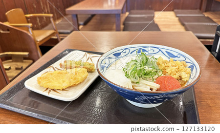 餐廳菜單(豬肉烏龍麵配熱雞蛋和明太子天婦羅套餐) 餐廳菜單(豬肉烏龍麵配熱雞蛋和明太子天婦羅套餐) 127133120