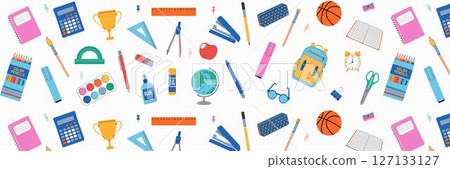 Seamless repeating pattern, background of school supplies on white background. Back to school. 127133127