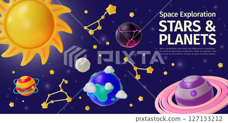 3d Space Exploration Stars and Planets Concept Ads Banner Promotion Poster Card Cartoon Design Style. Vector illustration 127133212