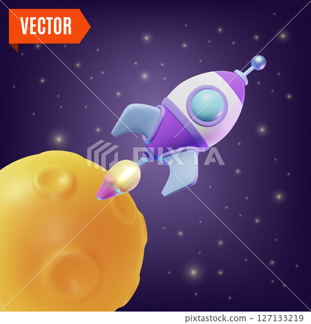 3d Space Exploration Concept Rocket Flight Spaceship and Moon Cartoon Design Style. Vector illustration of Flying Shuttle 127133219