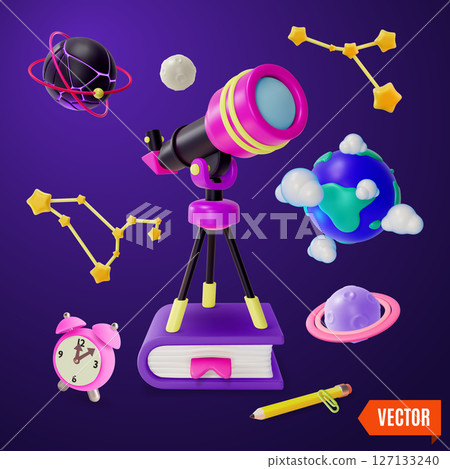 3d Space Education Concept Telescope with Tripod on Book and Planets Around Cartoon Design Style. Vector illustration 3d Space Education Concept Telescope with Tripod on Book and Planets Around Cartoon Design Style. Vector illustration 127133240