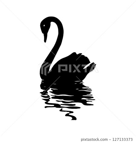 Black swan silhouette gracefully gliding on water with reflection. 127133373