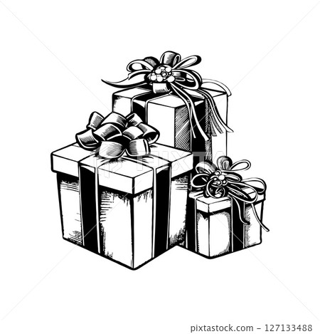 Hand-drawn illustration of three gift boxes with bows on white background. 127133488