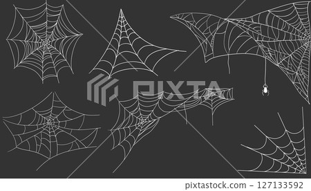 Spiderweb corner line white border, gothic scary hanging net frame on dark background. Simple spooky halloween decoration. Cobweb spider trap. 127133592