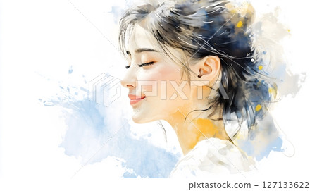Side profile of a young asian woman smiling peacefully with eyes closed in watercolor art style 127133622