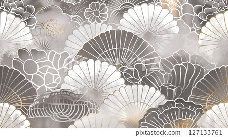 Silver metallic background with fan and flower pattern 127133761