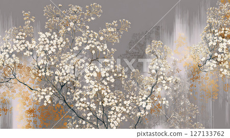 A fantastic Japanese-style background with cherry blossoms and gold leaf 127133762