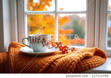 Steaming cup on a windowsill with autumn view. 127133798