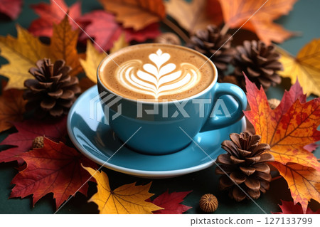 Coffee cup with latte art surrounded by autumn leaves and pinecones. 127133799